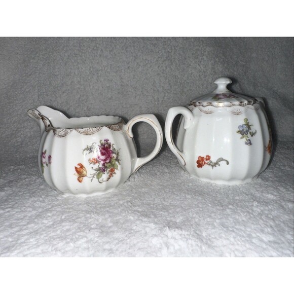 Sugar Bowl W/ Lid And Creamer Set FloralGold Arcs On Rim 2188 by Wurttemberg - Picture 3 of 11